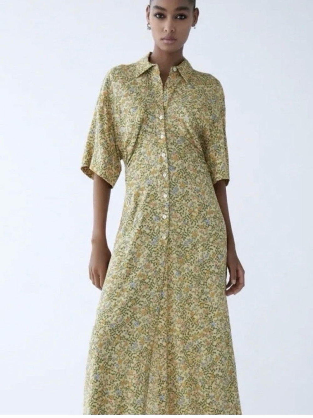 Zara Green-Yellow Floral Maxi Shirt Dress